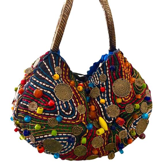 Chico's Heavily Beaded Coins Handbag Art to Wear Boho Kaleidoscop Silver Rings - Picture 4 of 9